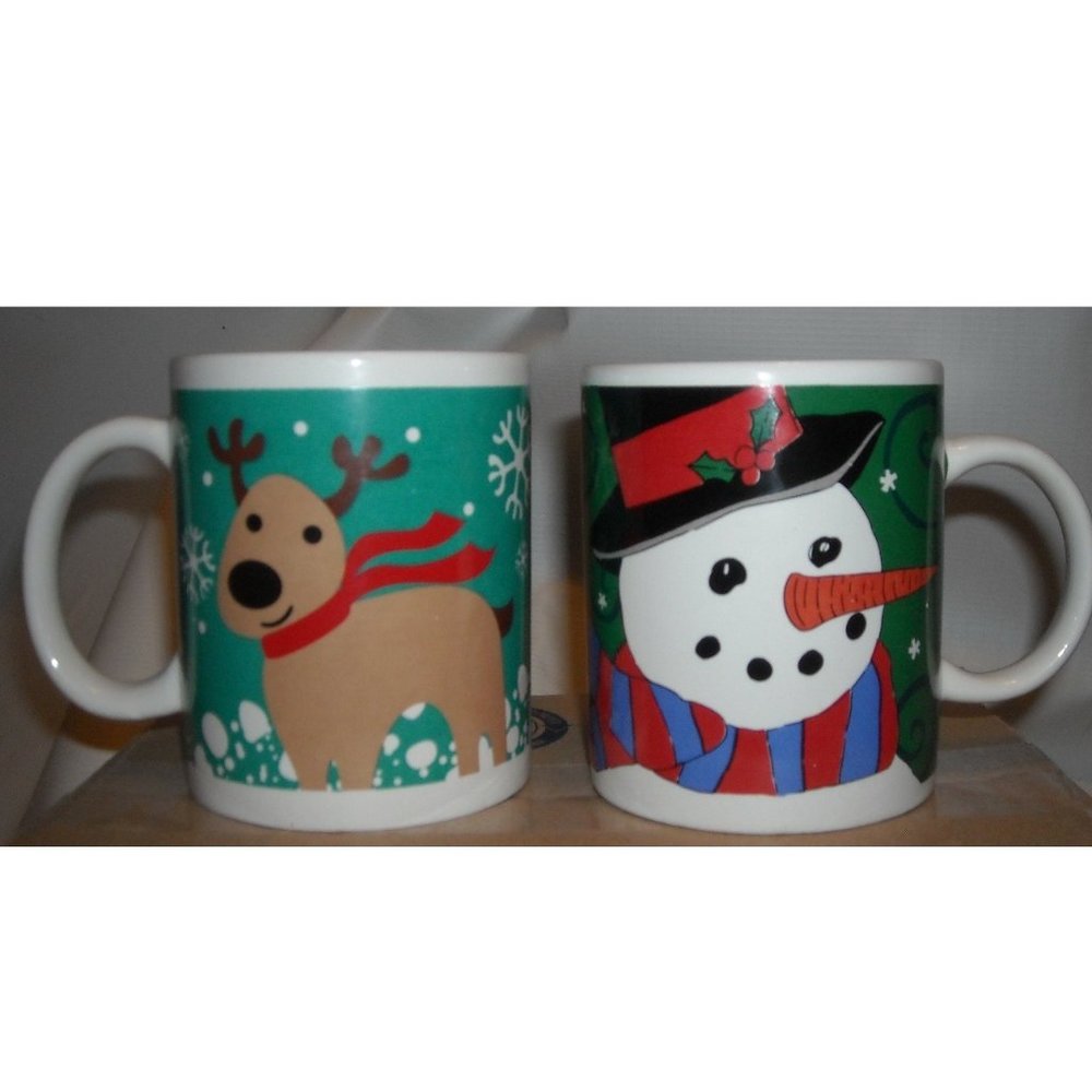 2 Christmas mugs coffee cup lot: Reindeer/ Snowman